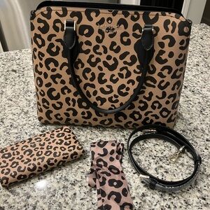 Kate spade leopard Darcy large satchel handbag, wallet, & small scarf
